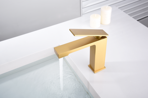 Brushed Gold Single Lever Basin Mixer Faucet, in a bathroom setting