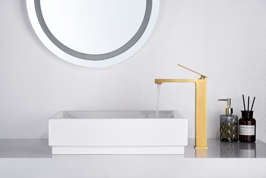 Pisa Brushed Gold Tall Basin Faucet, in a bathroom setting
