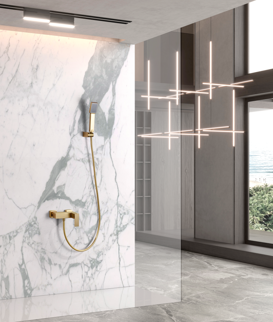 Brushed Gold Single Handle Shower Kit Pisa Series, in a bathroom setting