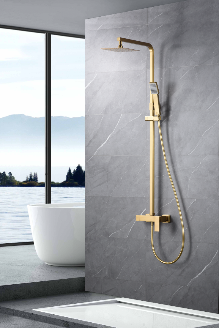 Brushed Gold Single Handle Shower Set Modern Design, in a bathroom setting