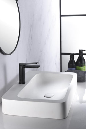 Matte Black Single Lever Basin Faucet Modern Design, in a bathroom setting