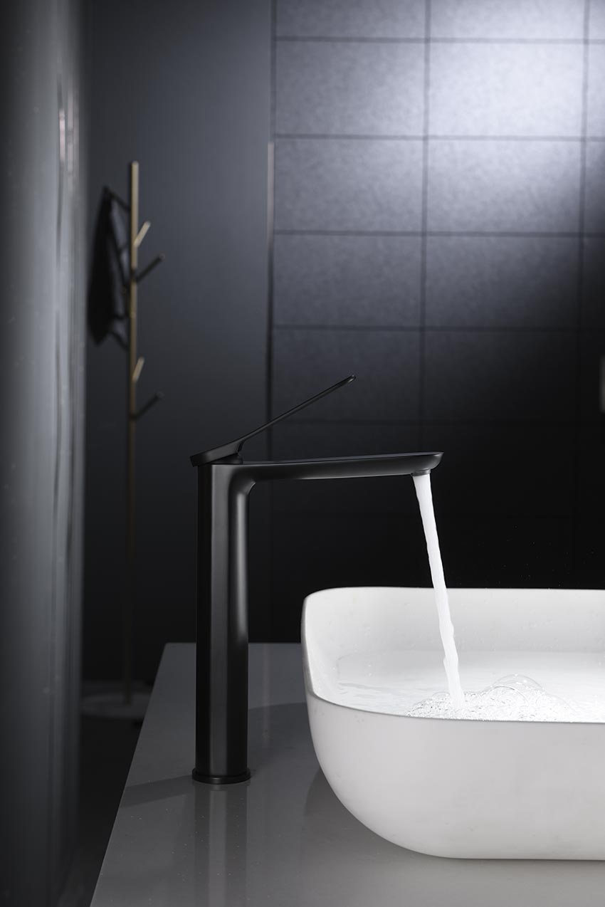 Matte Black Tall Sink Mixer Faucet Modern Design, in a bathroom setting