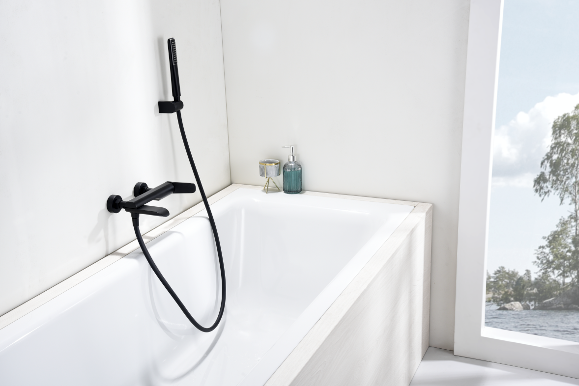 Matte Black Single Handle Shower Kit Modern Design, in a bathroom setting