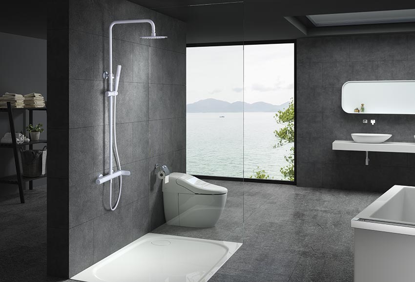 Matte White Single Handle Shower Set Modern Design, in a bathroom setting