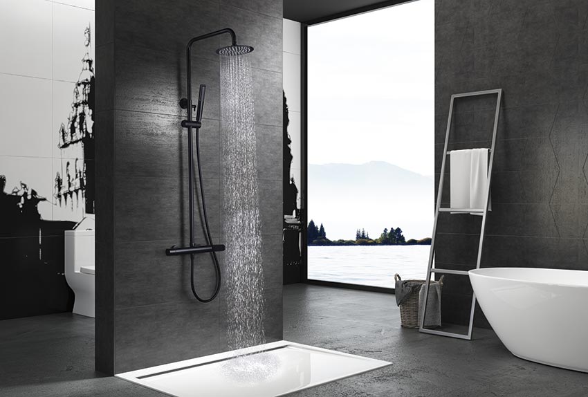 Matte Black Single Lever Shower Set Modern Design, in a bathroom setting