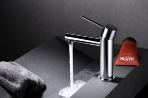 Milos Chrome Single Lever Basin Mixer Faucet, in a bathroom setting