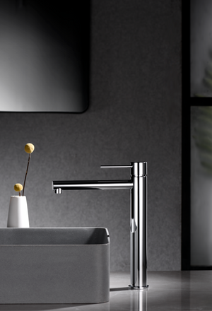 Milos Tall Chrome Basin Mixer Single Lever Faucet, in a bathroom setting