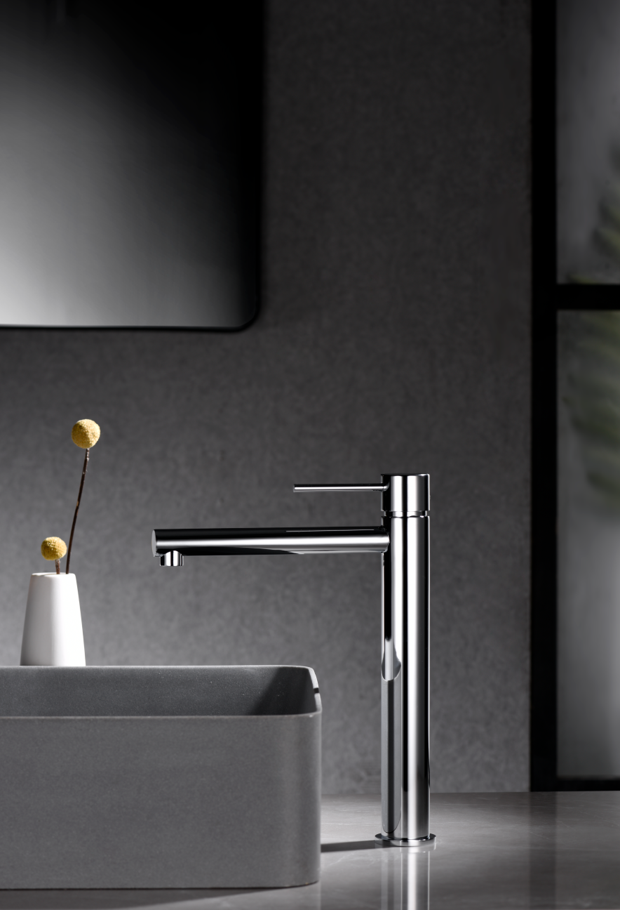 Milos Tall Chrome Basin Mixer Single Lever Faucet, in a bathroom setting