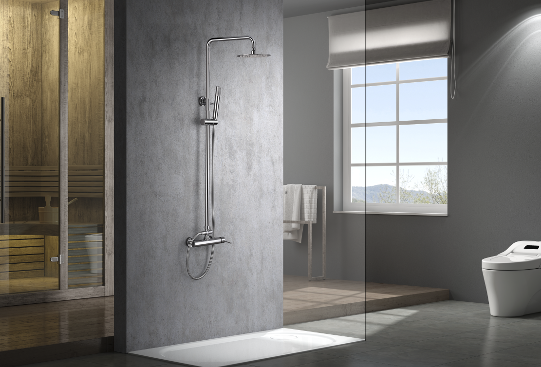 Chrome Single Lever Shower Set Modern Design, in a bathroom setting
