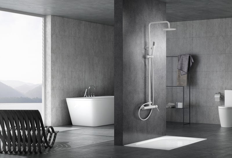 Milos Matte White Single Handle Shower Set, in a bathroom setting