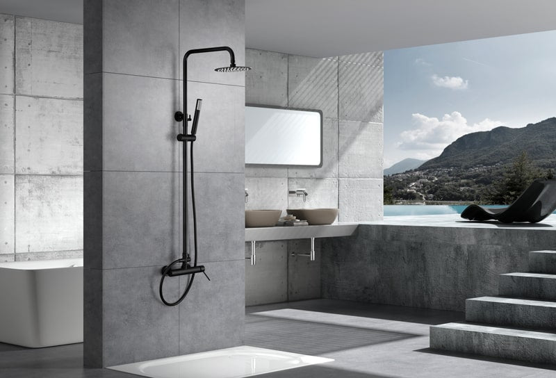 Matte Black Single Handle Shower Set Modern Design, in a bathroom setting