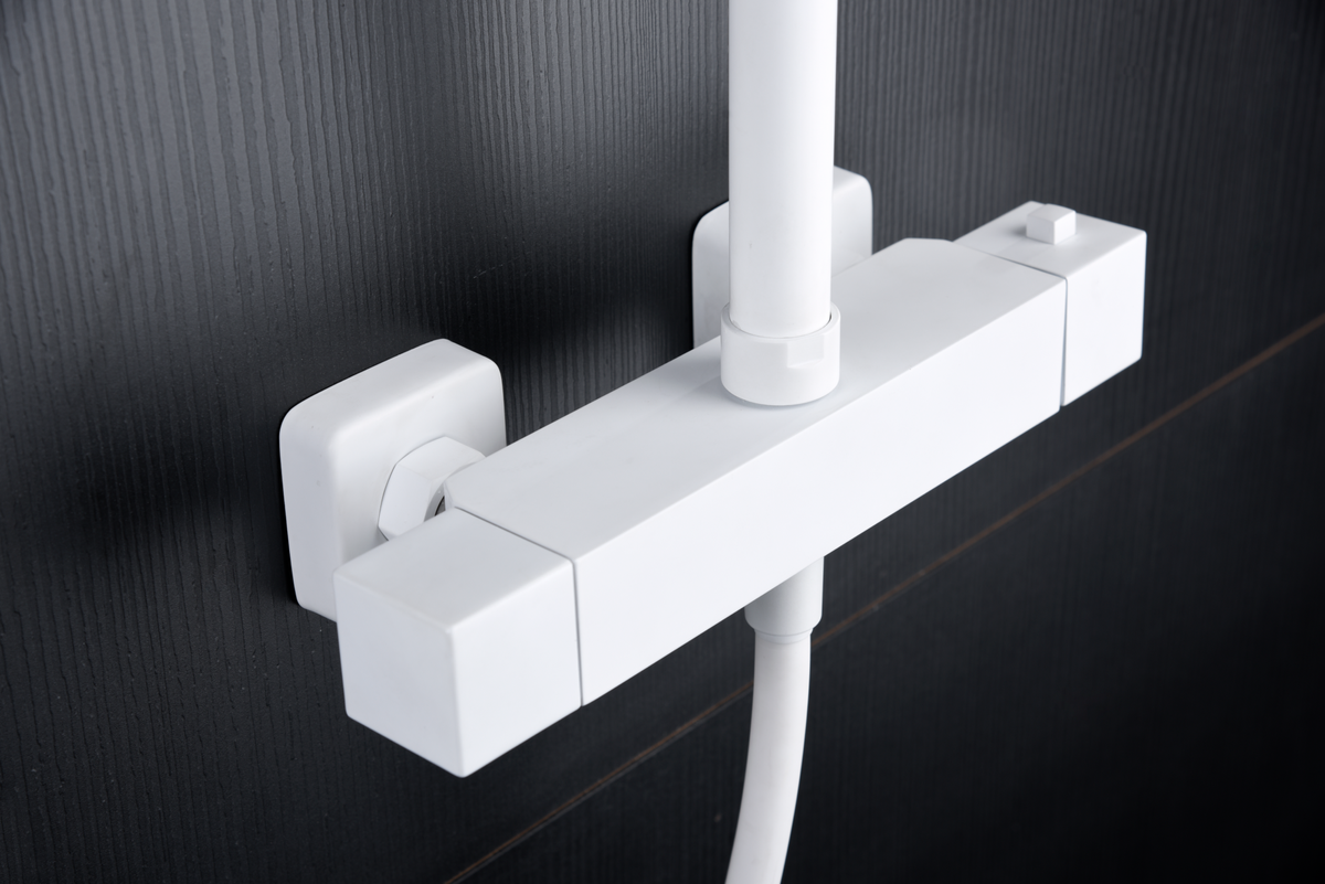 Matte White Thermostatic Shower Set with Rainfall Head, mixer detail