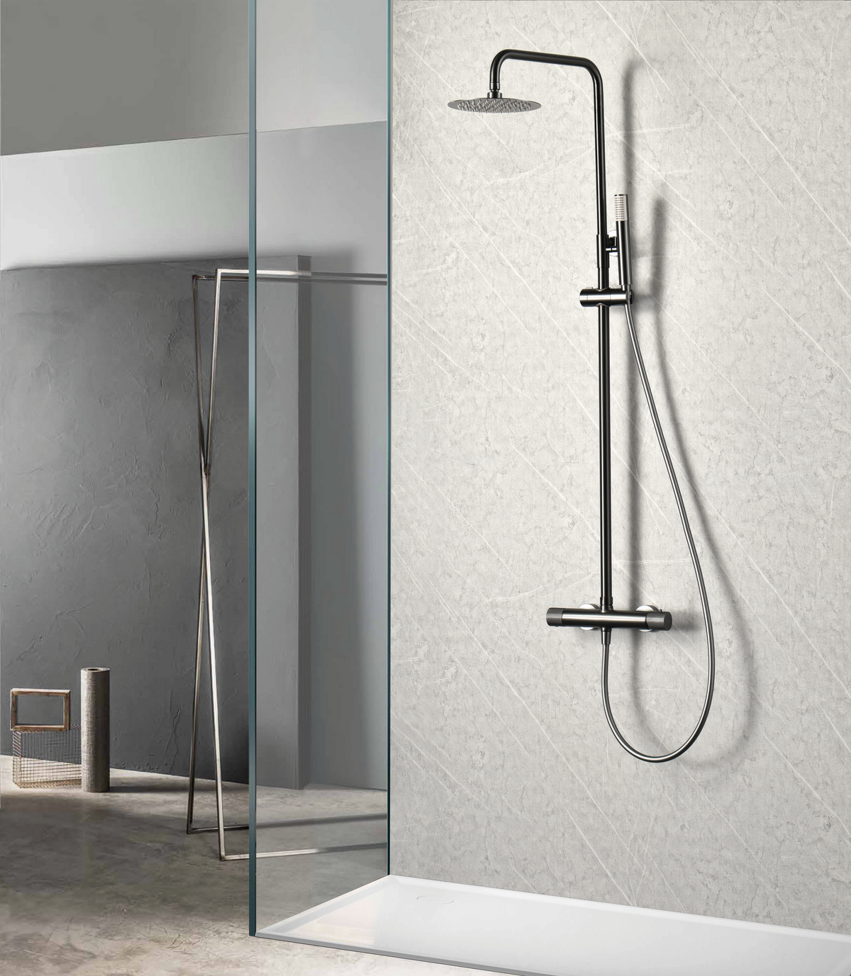 Gun Metal Thermostatic Shower Set Modern Black Design, in a bathroom setting