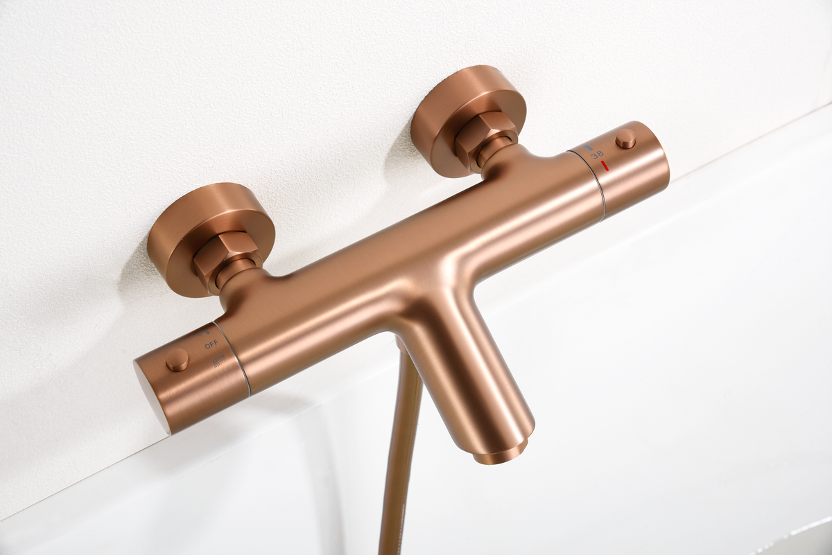 Monza Brushed Rose Gold Thermostatic Shower Bath Kit, detail view