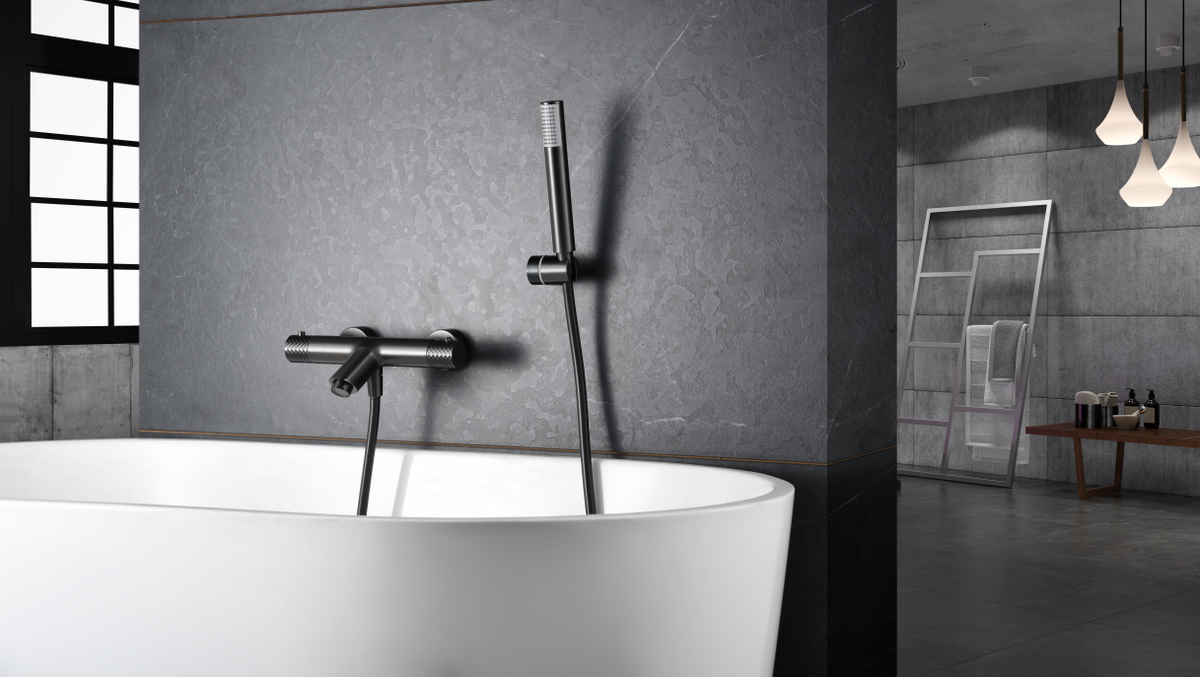 Genoa Black Gun Metal Thermostatic Shower Bath Kit, in a bathroom setting