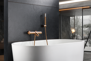Genoa Brushed Rose Gold Thermostatic Shower Bath Kit, in a bathroom setting