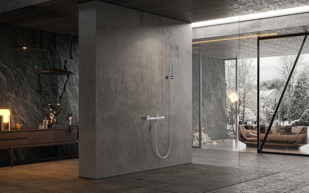 Chrome Thermostatic Shower Kit Modern Minimalist Design, in a bathroom setting