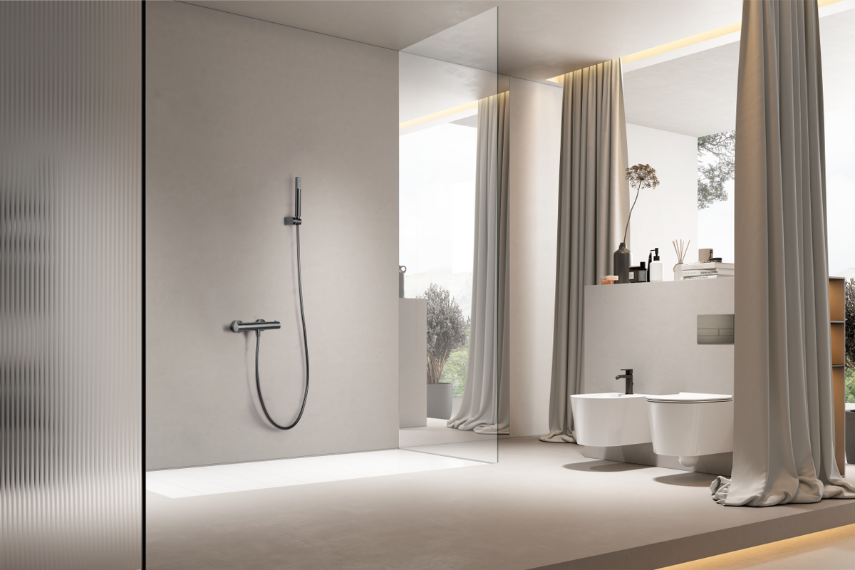 Black Gun Metal Thermostatic Shower Kit, in a bathroom setting