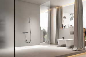 Black Gun Metal Thermostatic Shower Kit, in a bathroom setting