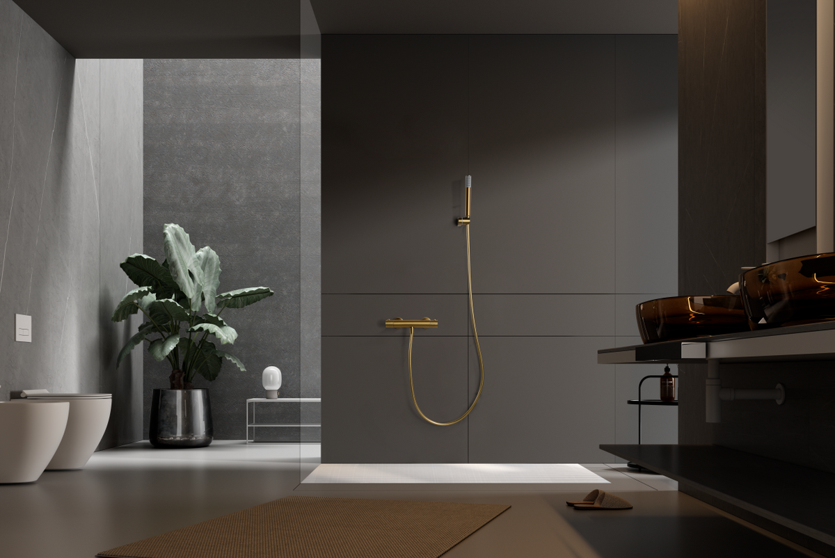 Brushed Gold Thermostatic Shower Kit, in a bathroom setting
