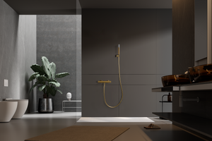 Brushed Gold Thermostatic Shower Kit, in a bathroom setting