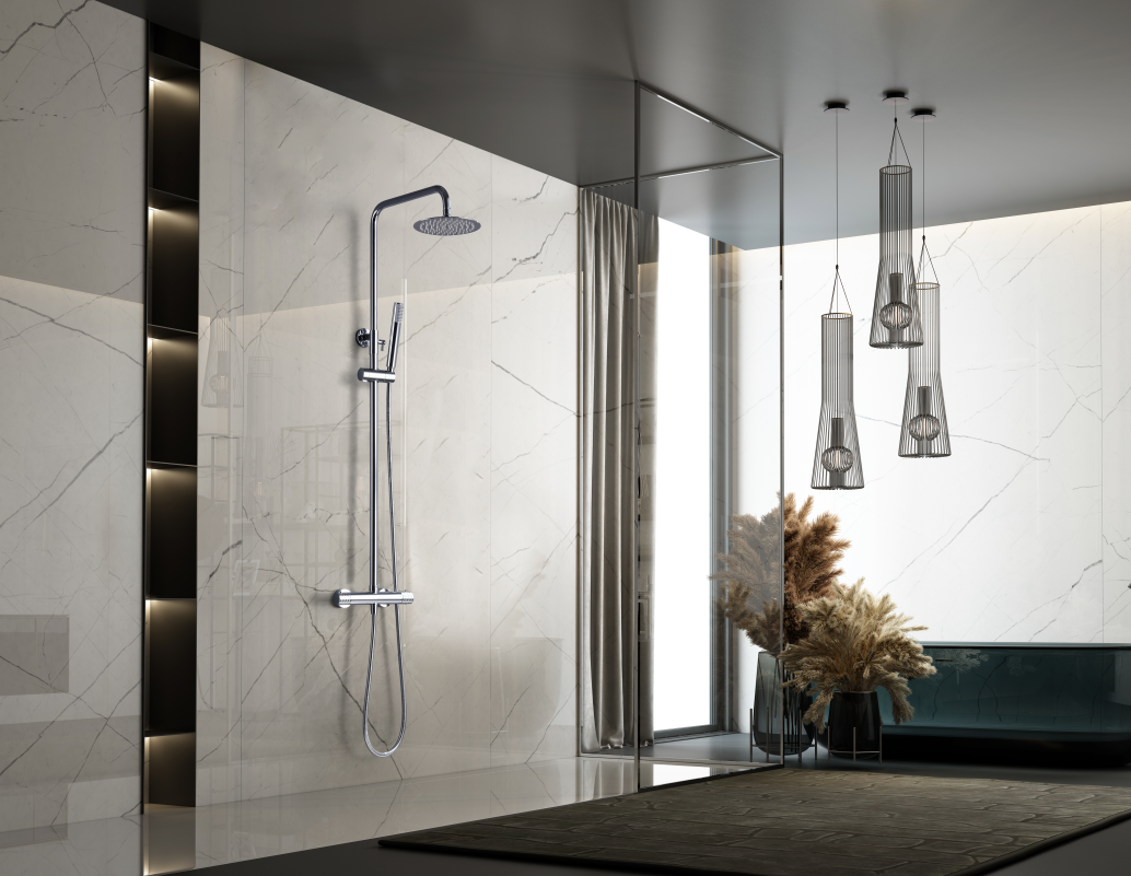 Chrome Thermostatic Shower Set with Temperature Control, in a bathroom setting