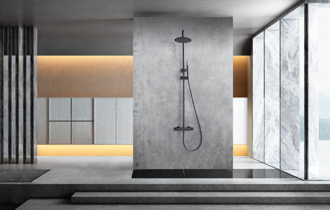 Genoa Black Gun Metal Thermostatic Shower Set, in a bathroom setting