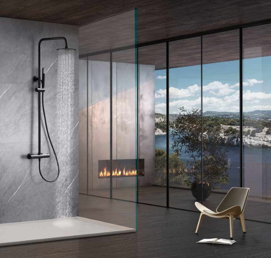 Matte Black Thermostatic Shower Set Genova, in a bathroom setting