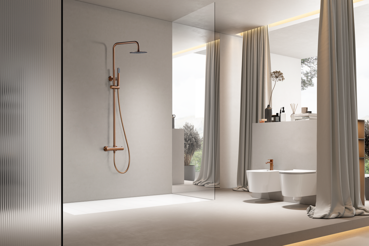 Genova Brushed Rose Gold Thermostatic Shower Set, in a bathroom setting
