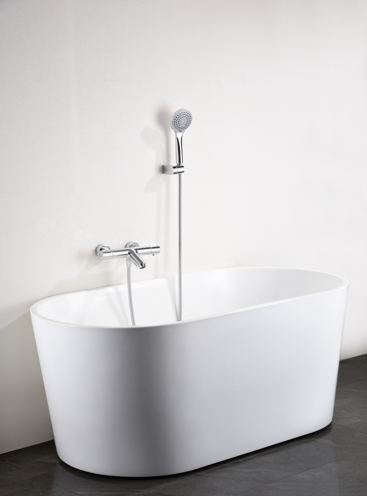 Chrome Thermostatic Shower Kit with Temperature Control, in a bathroom setting