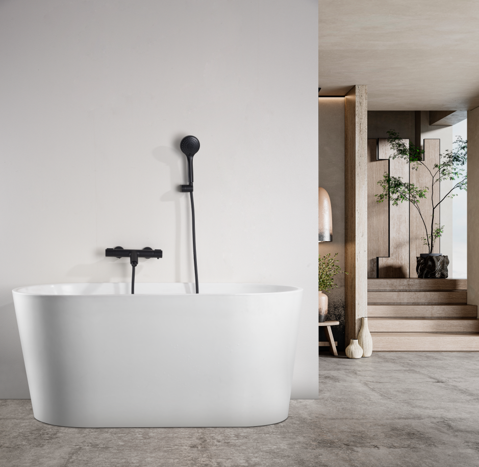 Matte Black Thermostatic Shower Kit with Eco-Valve, in a bathroom setting