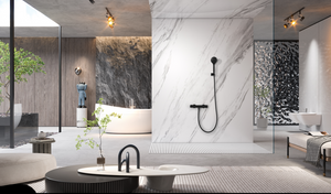 Kent Chrome Thermostatic Shower Set Modern Design, in a bathroom setting