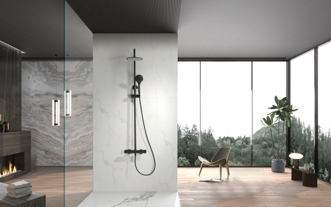 Matte Black Thermostatic Shower Set Modern Design, in a bathroom setting