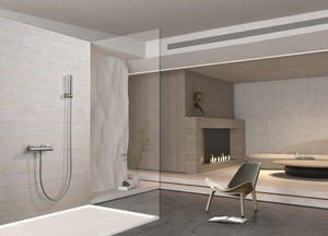 Brushed Nickel Thermostatic Shower Kit Modern Design, in a bathroom setting