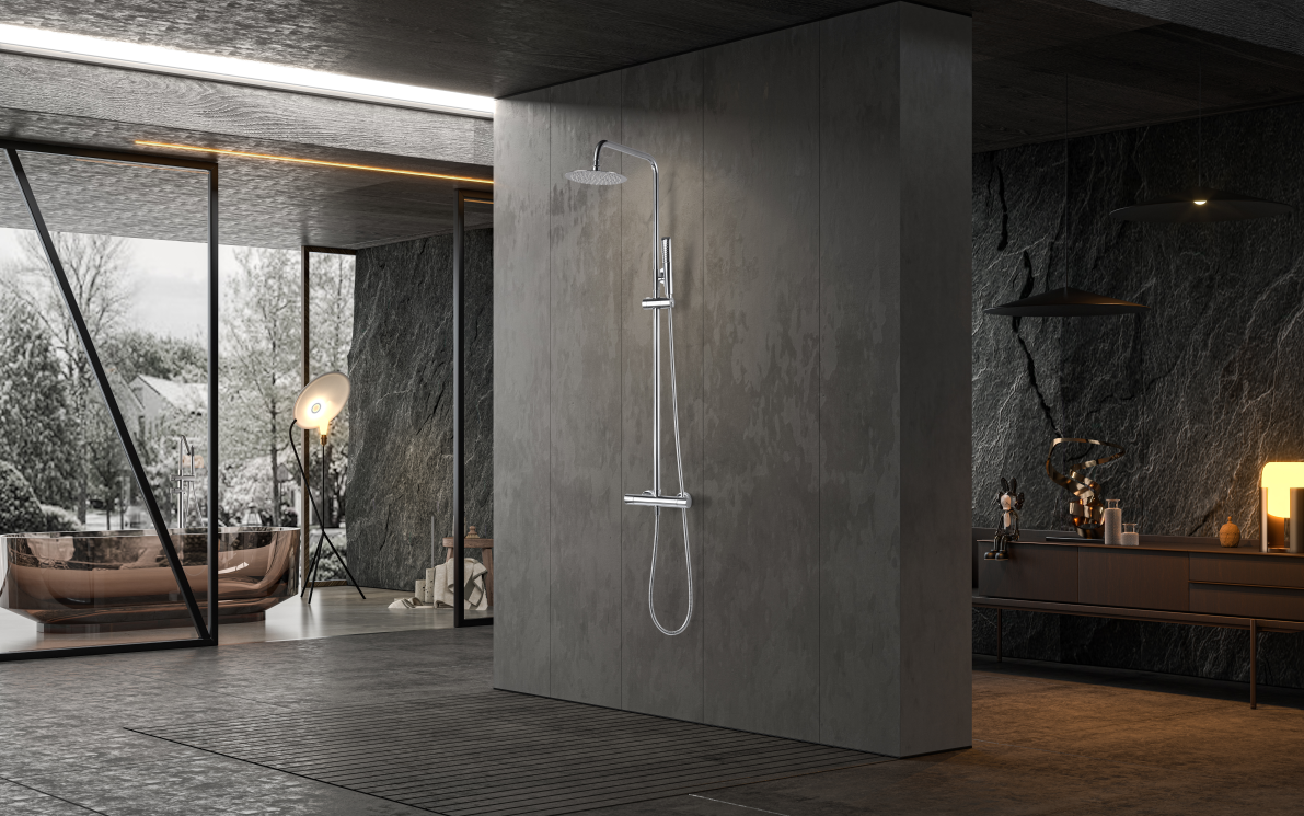 Chrome Thermostatic Shower Set with Temperature Control, in a bathroom setting