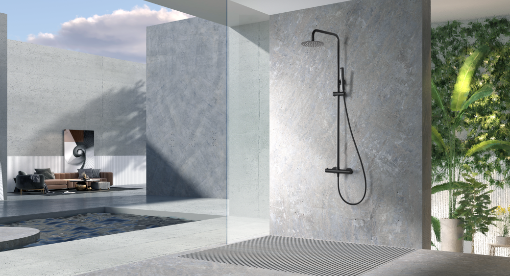 Matte Black Thermostatic Shower Set, in a bathroom setting