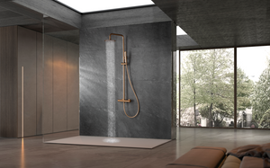 Brushed Rose Gold Thermostatic Shower Set, in a bathroom setting