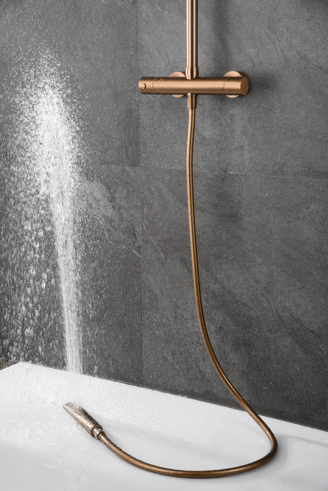 Brushed Rose Gold Thermostatic Shower Set, handle detail