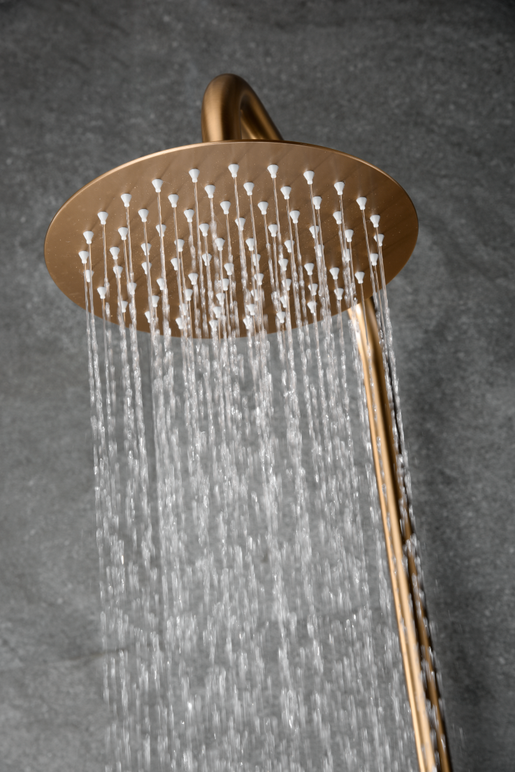 Brushed Rose Gold Thermostatic Shower Set, rain head detail