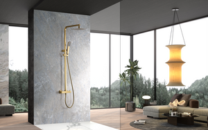 Vigo Thermostatic Shower Brushed Gold Vigo Series, in a bathroom setting
