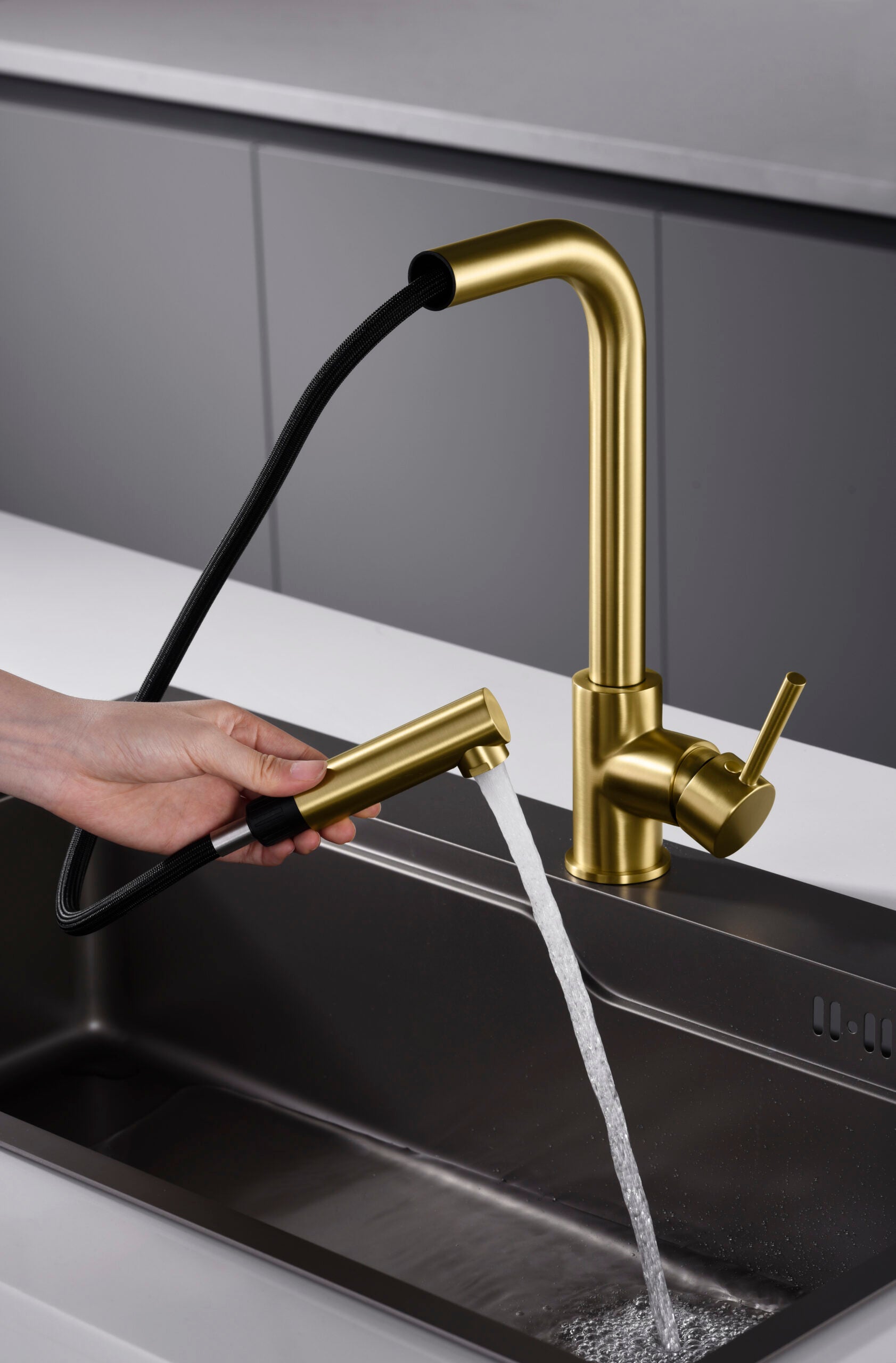 Malta Brushed Gold Kitchen Faucet Contemporary Design, view 4