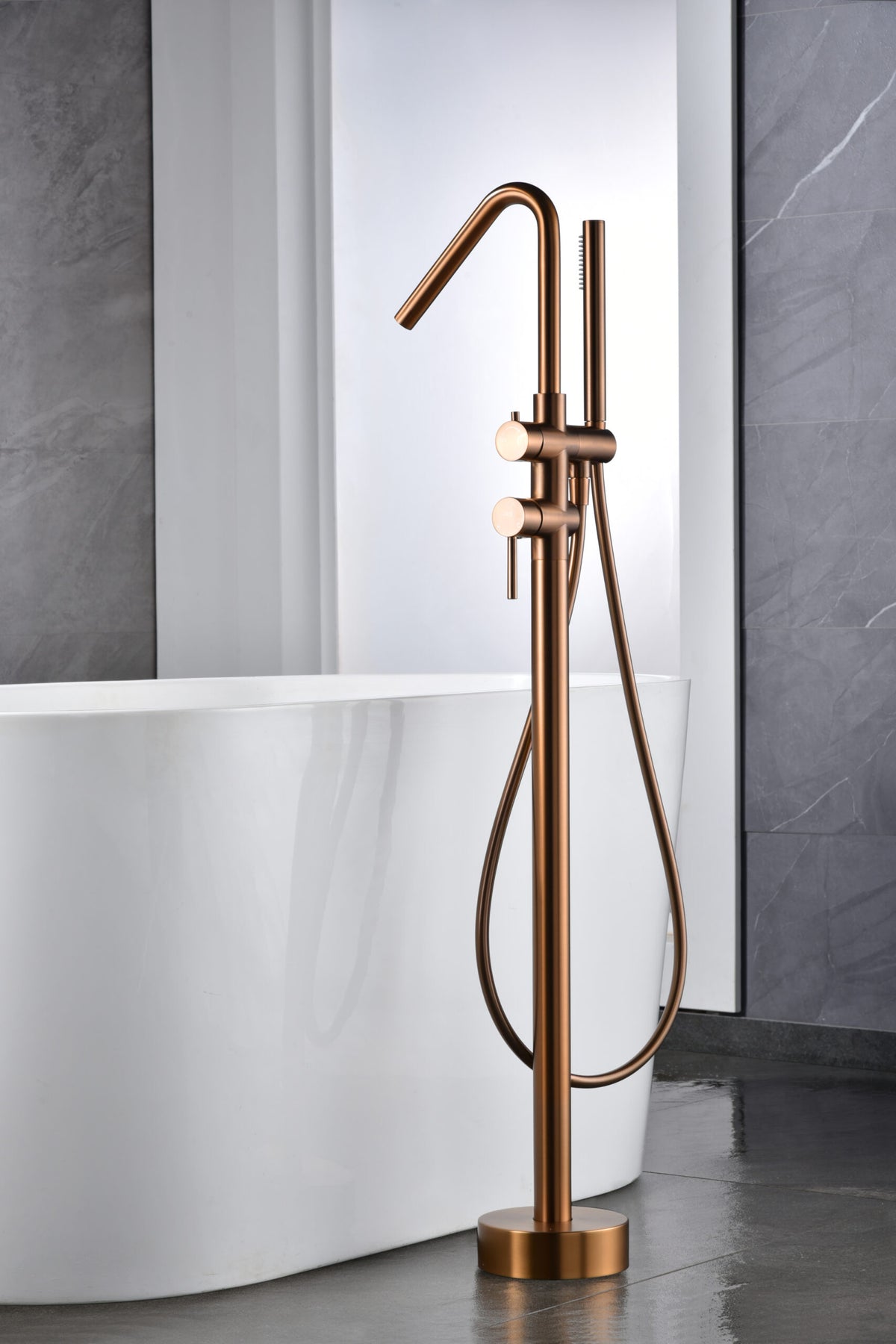 Brushed Rose Gold Freestanding Bathtub Faucet Single Lever, view 3