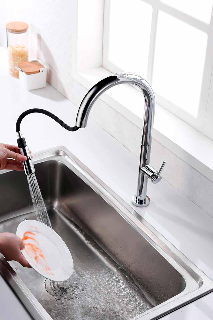 Samoa Chrome Kitchen Faucet Modern Minimalist Design, in a bathroom setting