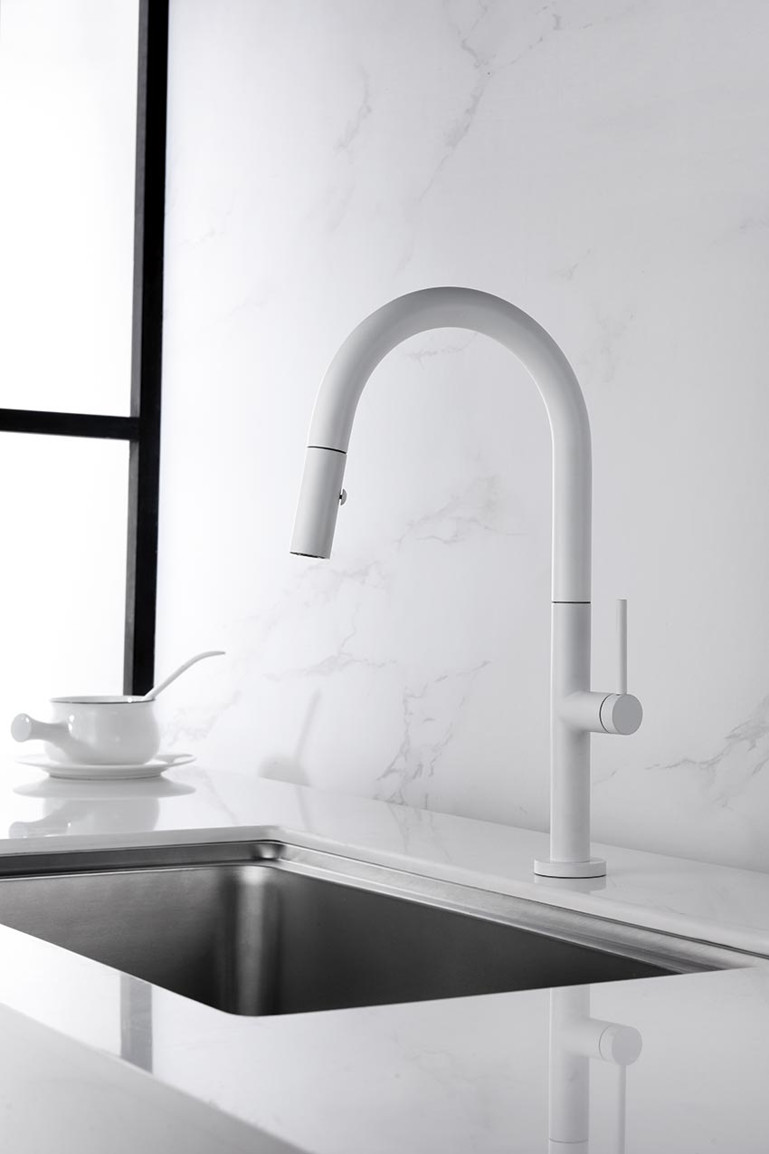 Matte White Kitchen Faucet Modern Minimalist Design, in a bathroom setting