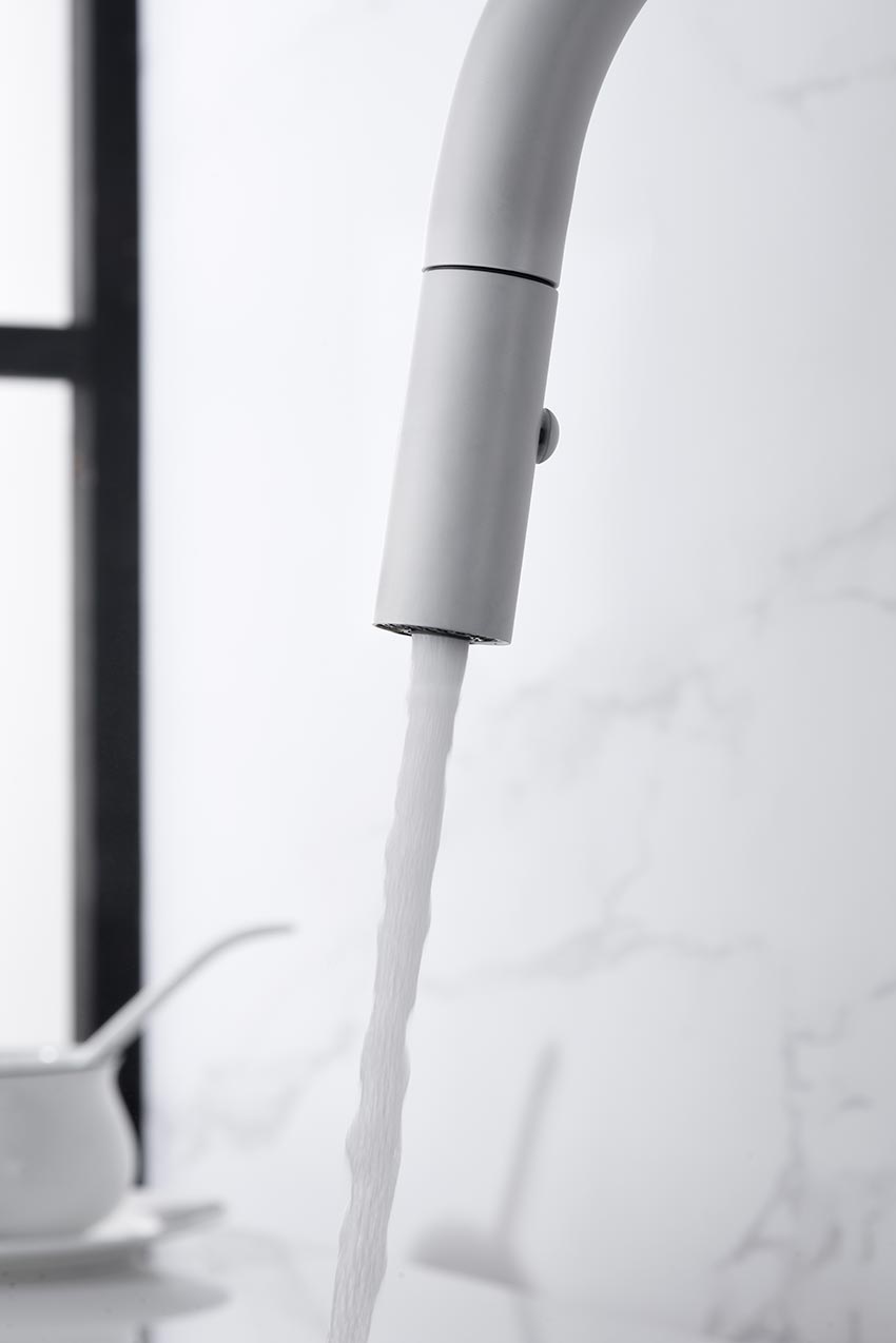 Matte White Kitchen Faucet Modern Minimalist Design, detail view