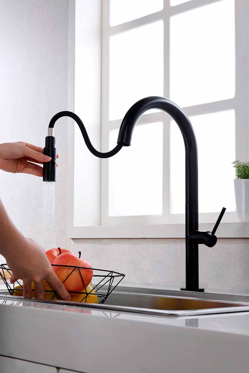 Samoa Matte Black Kitchen Faucet Modern Design, in a bathroom setting