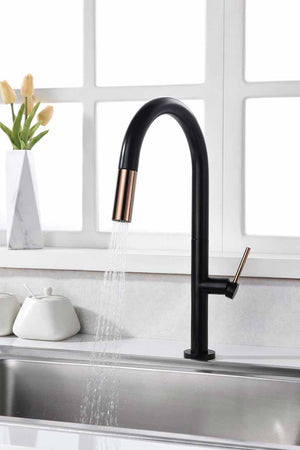 Black Rose Gold Kitchen Faucet Modern Design, in a bathroom setting