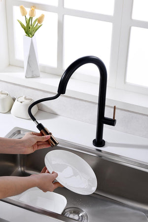 Black Rose Gold Kitchen Faucet Modern Design, in a bathroom setting