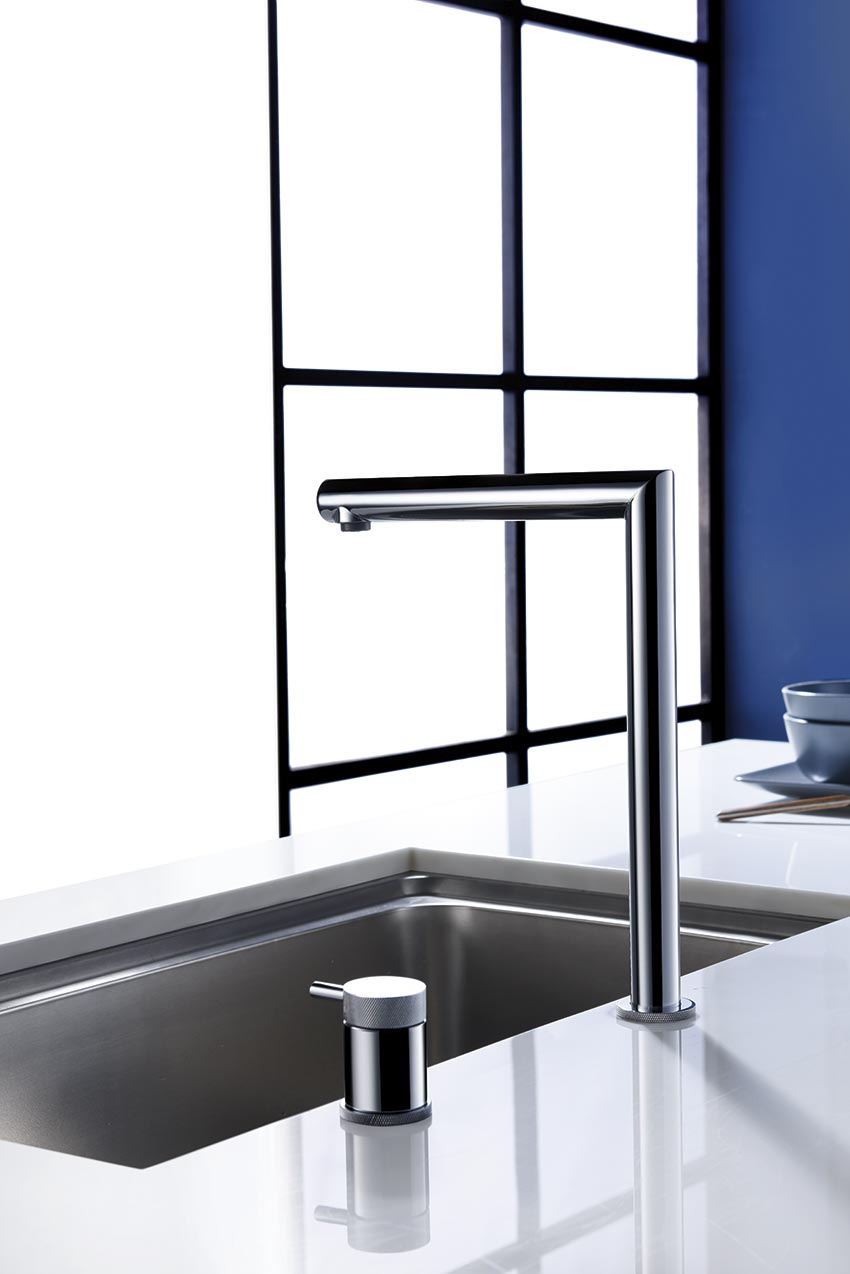 Itaca Chrome Kitchen Faucet Modern Design, in a bathroom setting