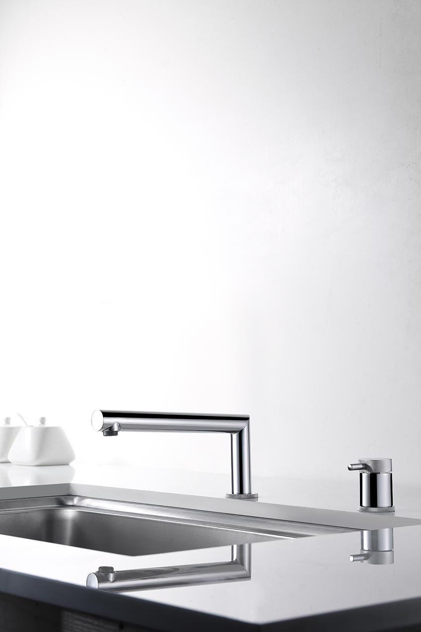 Itaca Chrome Kitchen Faucet Modern Design, in a bathroom setting